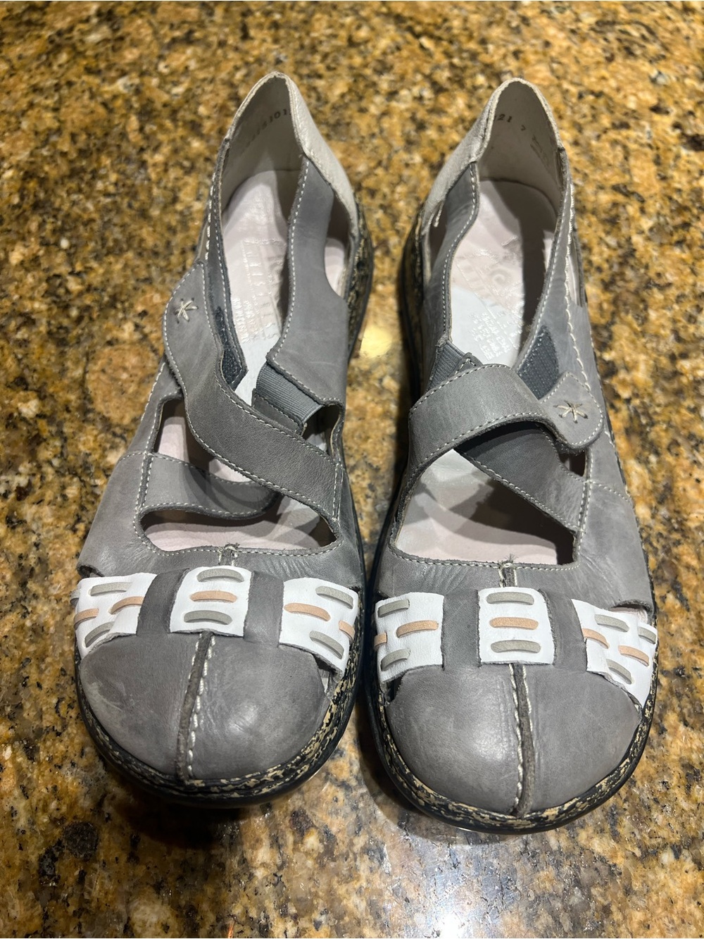 Rieker Gray Leather Cutout Flats with White Accent Weave